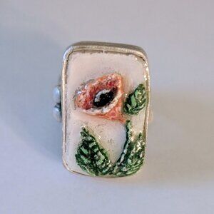 EVERLAST RING: Hand-carved & painted clay and resin statement ring. Silver-plate